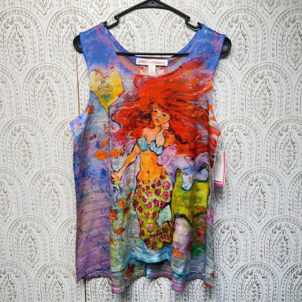 Leoma Lovegrove Tank Top Womens Medium Multicolor Mermaid Art Lace Back NWT